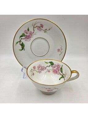 Heinrich H&C Blossomtime White Set of 4 Flat Cup & Saucer Set Pink Blossoms